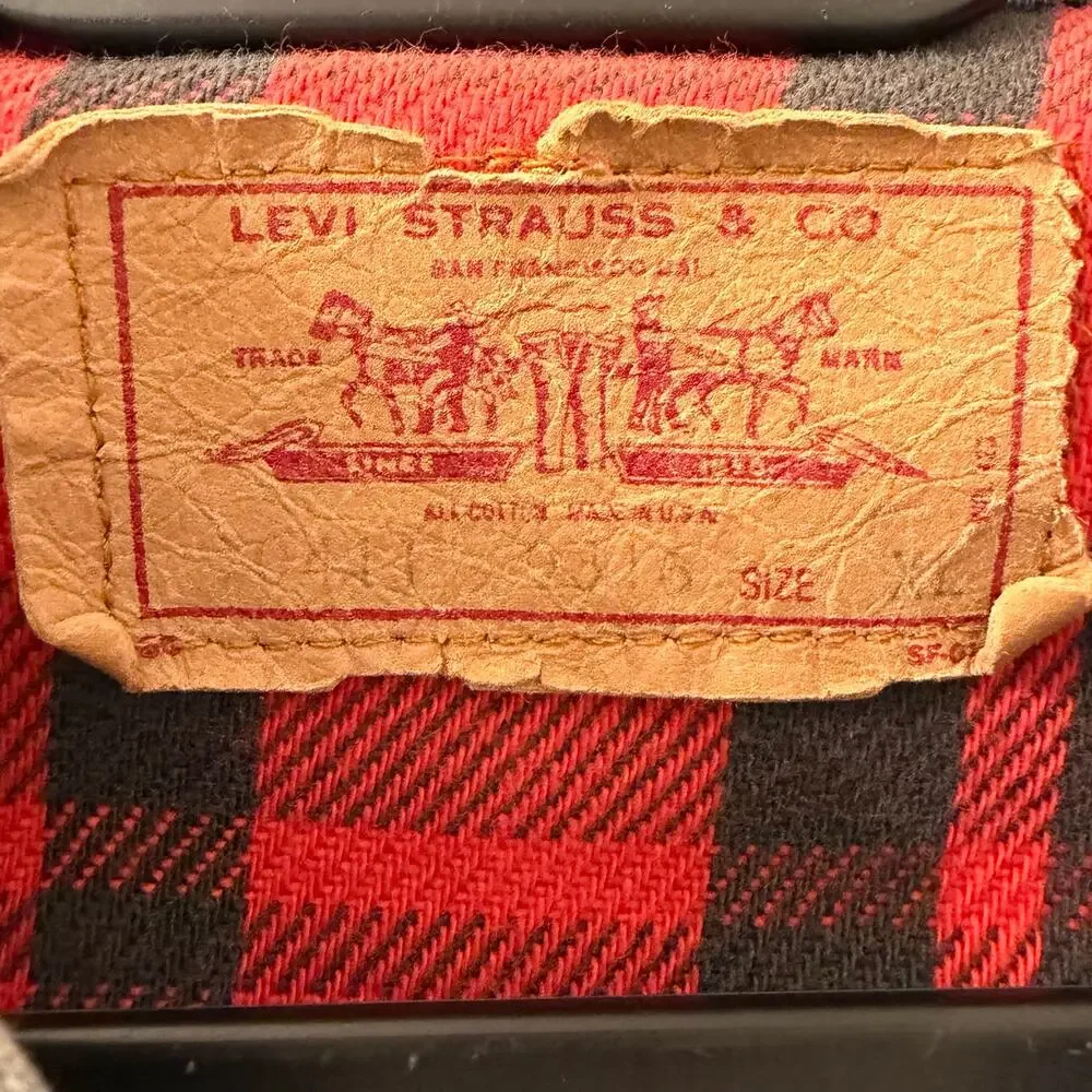 Vintage 90s Levi's Denim Jacket XL Made in USA Gold Miner Red Flannel Lined